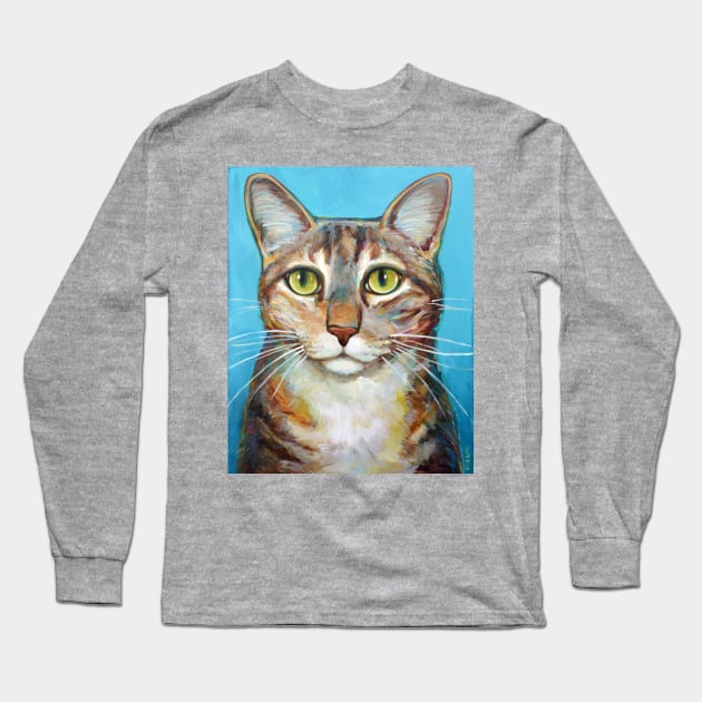 Striped Cat Blue Background Long Sleeve T-Shirt by RobertPhelpsArt